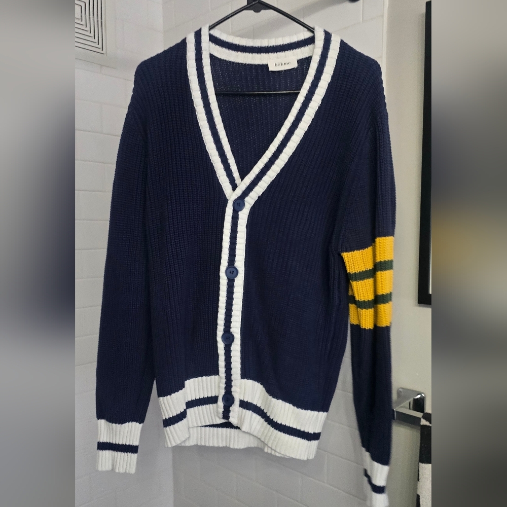 bohme Navy Blue Cardigan with White Trim and Yellow Stripe